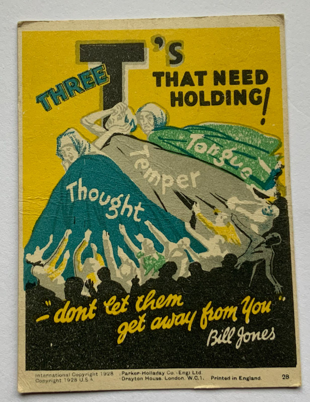 1928 Propaganda card by Parker Halladay USA Three Ts that need holding Tongue Temper Thought